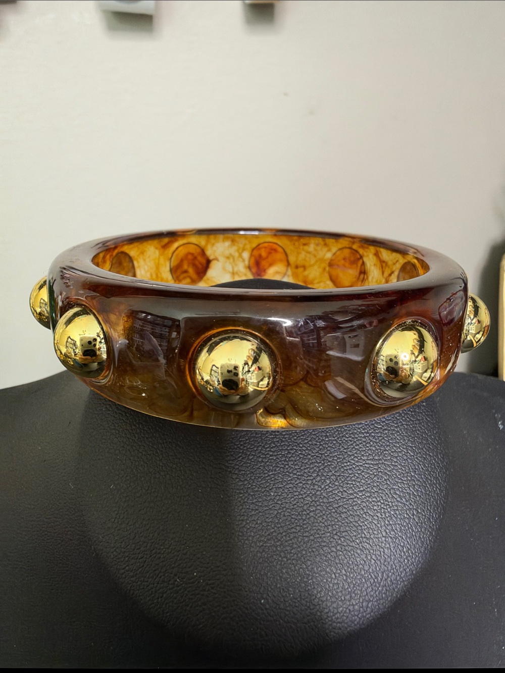 Amber Resin Bangle Statement Bracelet Gold Accent Studs - Women Jewelry 8”